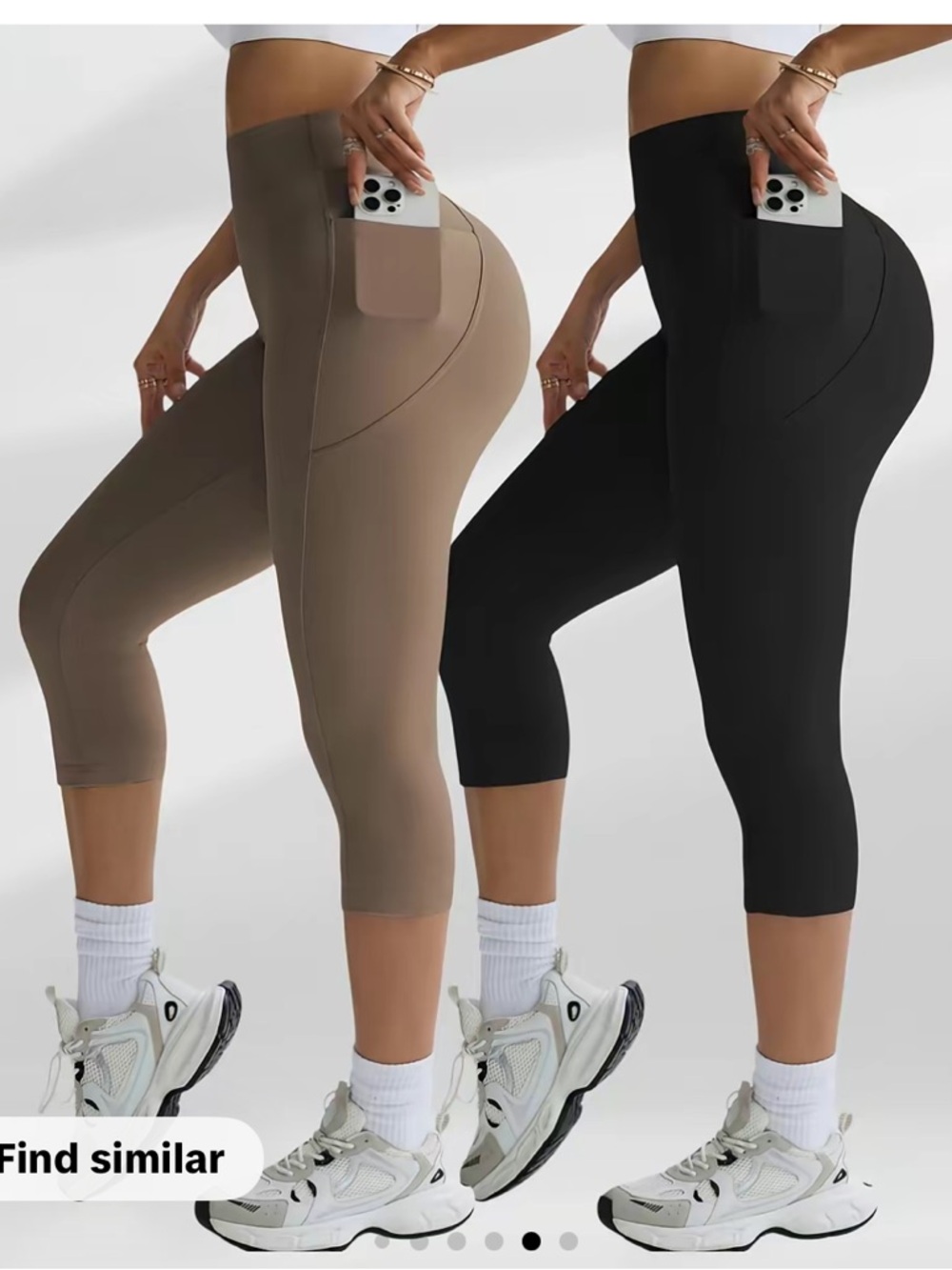 High-Waist 3/4 Workout Leggings with Side Pocket — Black & Khaki